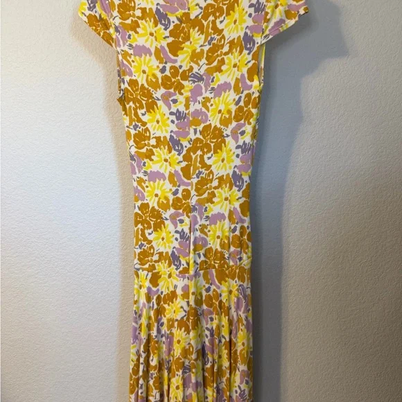 Free People Floral Ruched V Neck Midi Dress Yellow Purple XS - Picture 5 of 5
